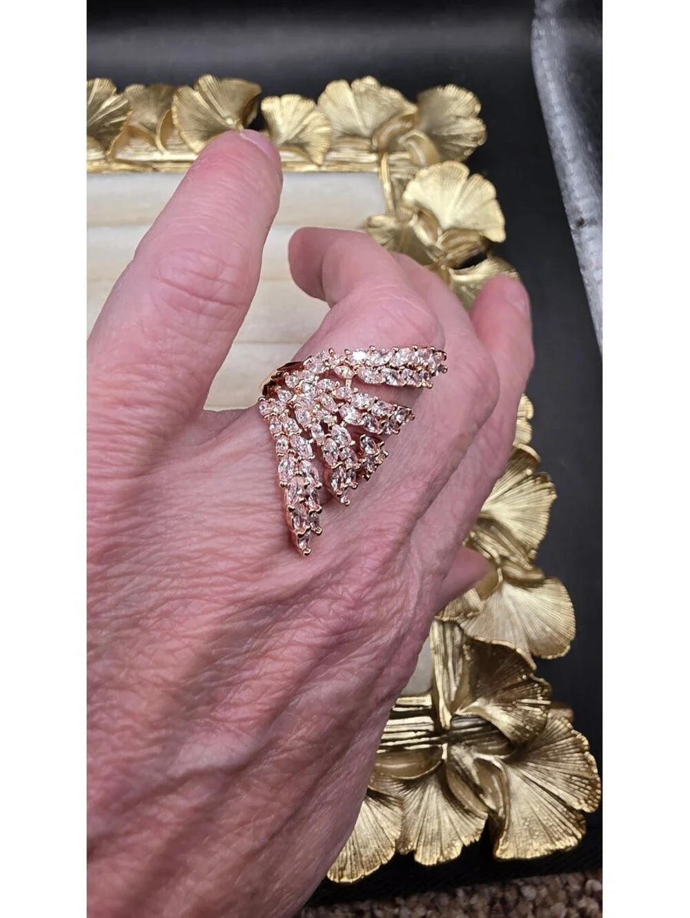Adjustable 18K Gold Plated Wheat Spike Ring with Zirconia Stones